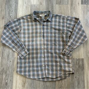 Men’s 90’s Details long sleeve blue and brown flannel button up shirt Sz M